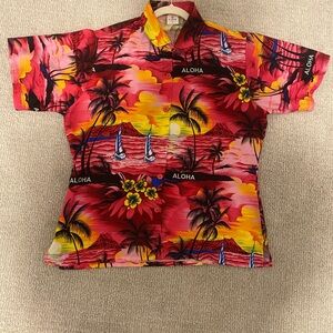Hawaiian Aloha Shirt with Palm and Sailboat Design